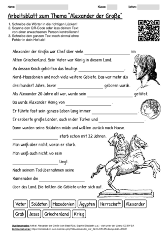 Arbeitsblatt zum Thema "Alexander der Große (einfache Sprache